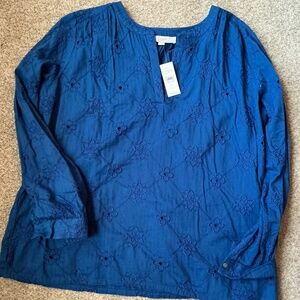 LOFT Blouse Top Royal Blue Eyelet Peasant  Boho  SIZE L - NWT